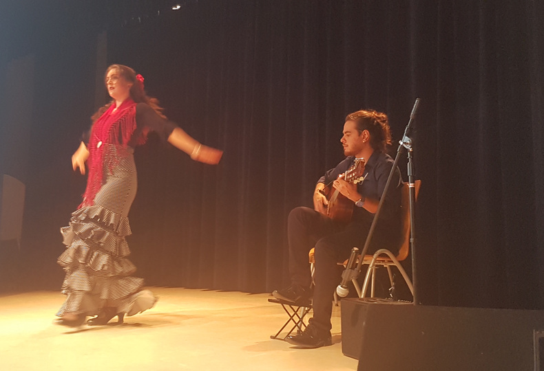Danseres en gitarist tijdens een podiumoptreden
