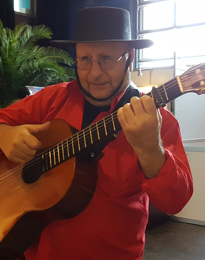 Gitarist met rode blouse; gezicht, handen en Spaanse gitaar