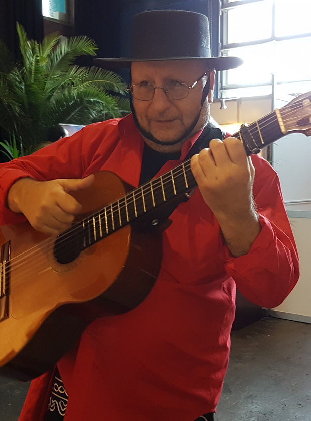 Gitarist met gezicht en beide handen in beeld