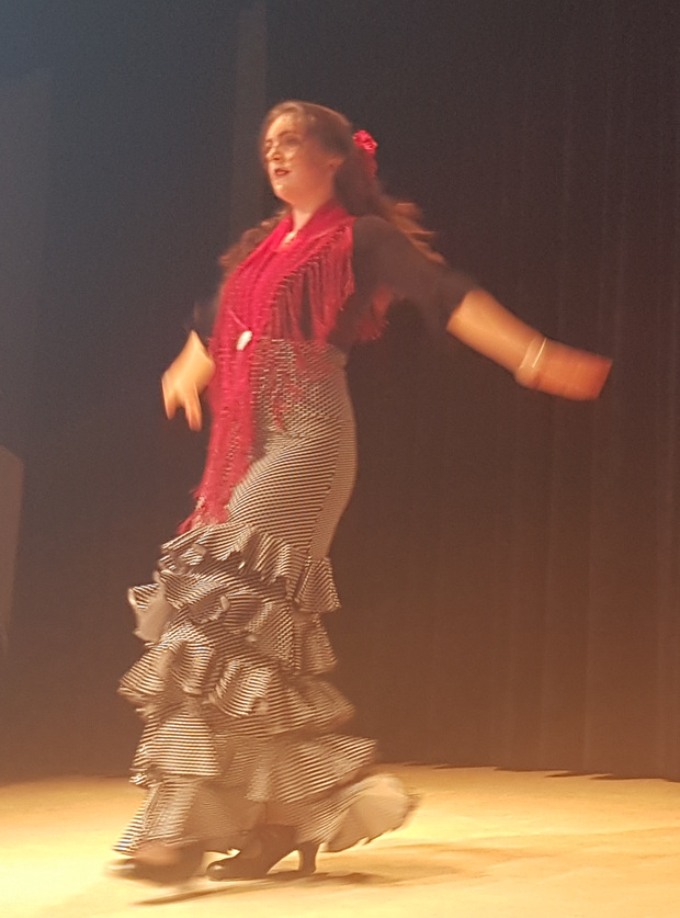 Flamencodanseres met gezicht, rok en voeten in beeld